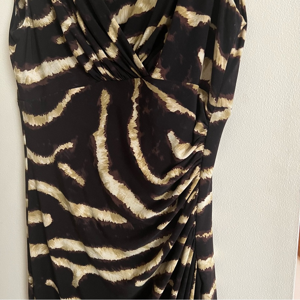 Lauren Ralph Lauren Chic Zebra Print Black and Gold V-neck Ruched Midi Dress - Picture 3 of 8